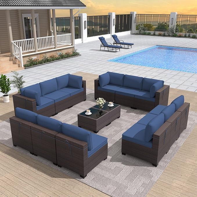ALAULM 14 Pieces Patio Furniture Set Wicker Patio Conversation Set, Outdoor Sectional Furniture w/Coffee Table & Washable Seat Cushions-Dark Blue