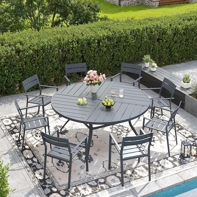DIFY 9 Piece Outdoor Patio Dining Set for 8, 53.1" Round Dining Table with Umbrella Hole and Stackable Metal Chairs, Patio Table and Chairs Set for Backyard Garden Poolside, Grey