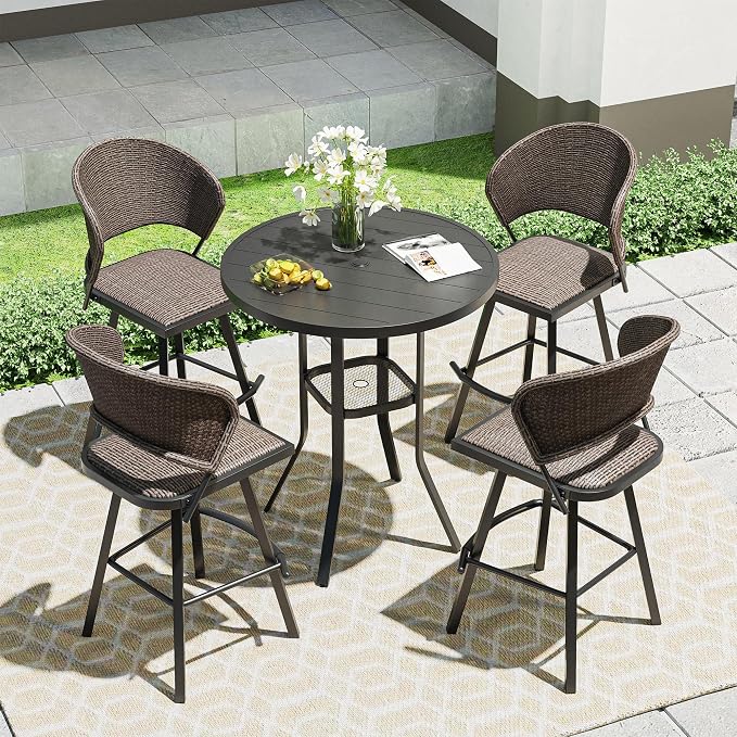 VICLLAX Outdoor Bar Table, 35.4" Wide Round Patio Bar-Height Table Metal Slatted Tabletop with Umbrella Hole for Balcony Front Porch Deck, Black