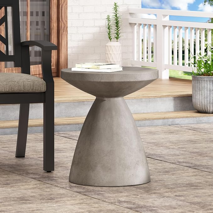 Outdoor Side Table 18" Hourglass Shape Lightweight Concrete-Look Outdoor Indoor Accent Table Decorative Garden Stools, for Patio Porch Living Room, Grey