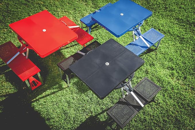 PICNIC TIME NCAA USC Trojans Folding Picnic Table with 4 Seats, Camping Table, Outdoor Table with Umbrella Hole, (Black - Football Field)