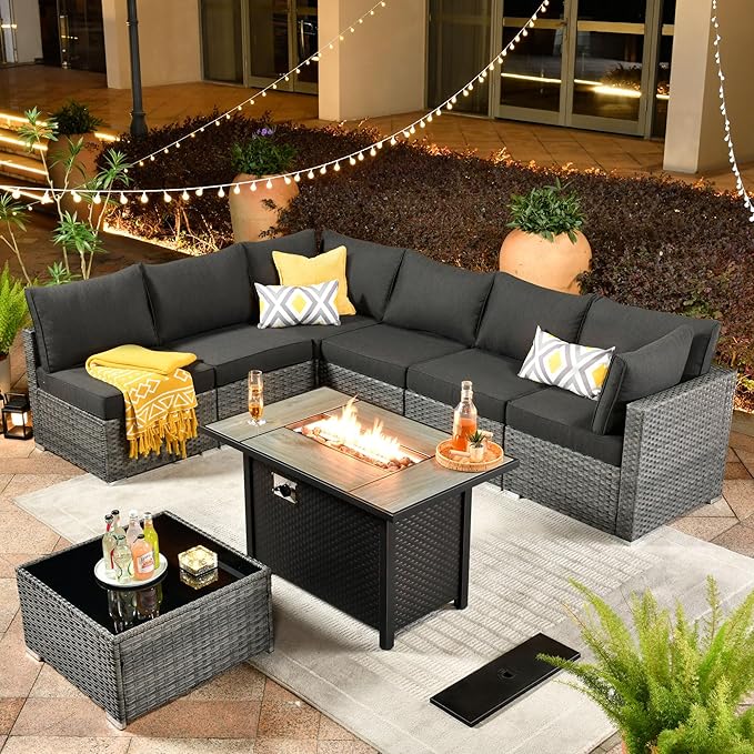 ovios Outdoor 8 Piece Patio Furniture Set with Fire Pit Table,Conversation Sectional Wicker Couch with Coffee Table,Modern Outside Sofa for Balcony Backyard, Black
