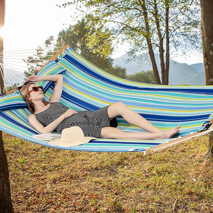Giantex Hammock Swing Camping Hammock for Stand with Spreader Bar, Detachable Pillow, Hand Woven Cotton Ropes, Outdoor Hammocks for Patio, Backyard, Poolside(Hammock Without Stand) (Blue + Green)