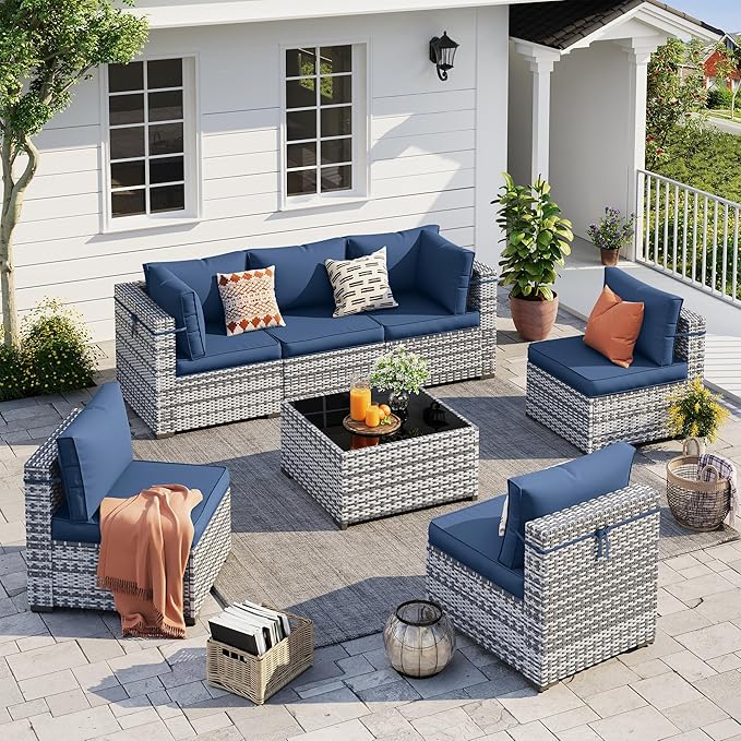 UDPATIO Outdoor Patio Furniture Set, 7 Piece PE Wicker Sectional Sofa with Tea Table, Outdoor Conversation Set for Patio, Garden, Backyard (Blue Cushions with Grey Rattan)