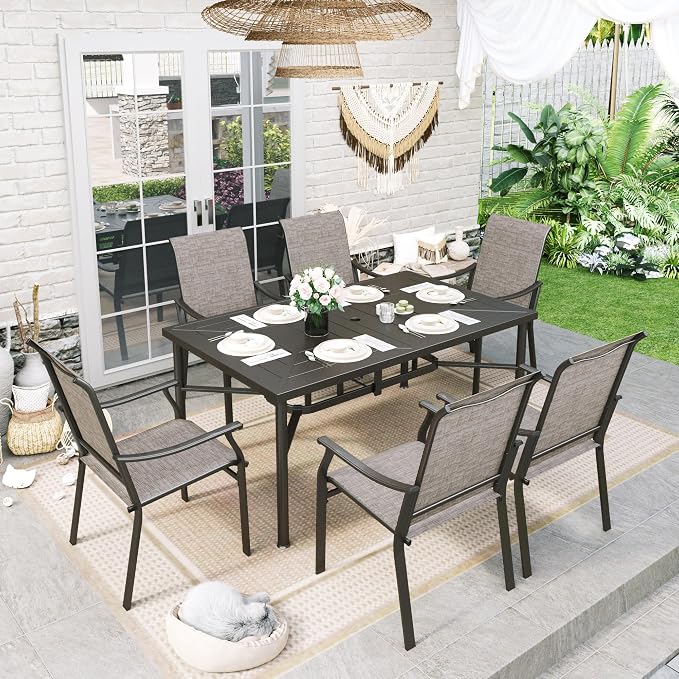 Sophia & William Patio Dining Set 7 Pieces, 6 Quick Dry Textilene Chairs and 1 Large 64" Metal Dining Table, Durable All-Weather Patio Furniture for Lawn, Park, and Courtyard Support 350lbs