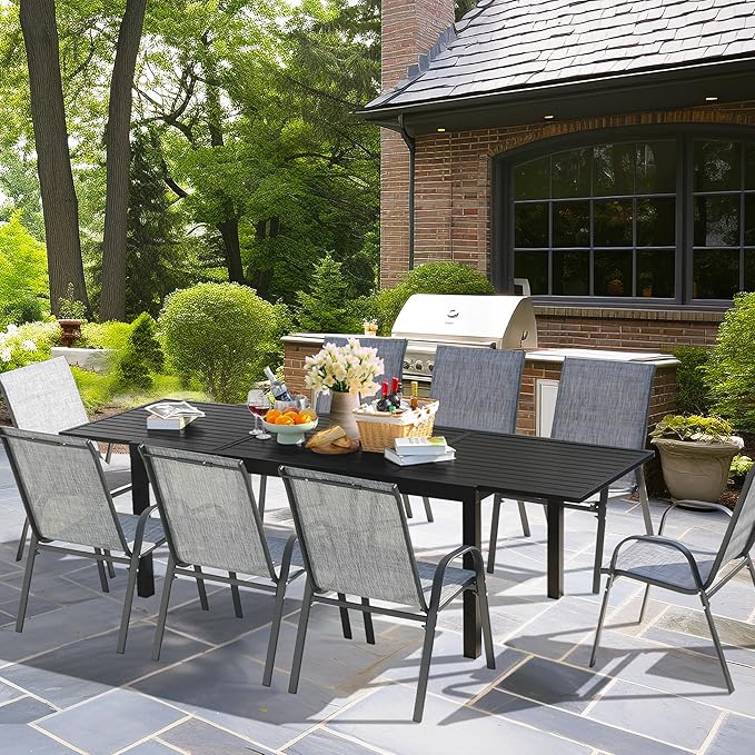 PIZZELLO Outdoor Expandable Dining Table 71"-106" Aluminum Patio Dinner Table for 8-10 Person, Rectangular Metal Collapsible Tables w/Umbrella Hole, Patio Table w/Extendable Top for Garden, Backyard