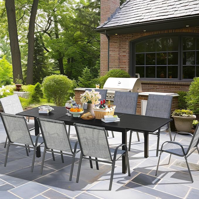 PIZZELLO 9 Pieces Outdoor Dining Set, 106" Aluminum Extendable Patio Dining Table w/ 8Pcs Stackable Textilene Chairs, All Weather Outdoor Table and Chairs Sets for Backyard, Garden, Deck and Poolside