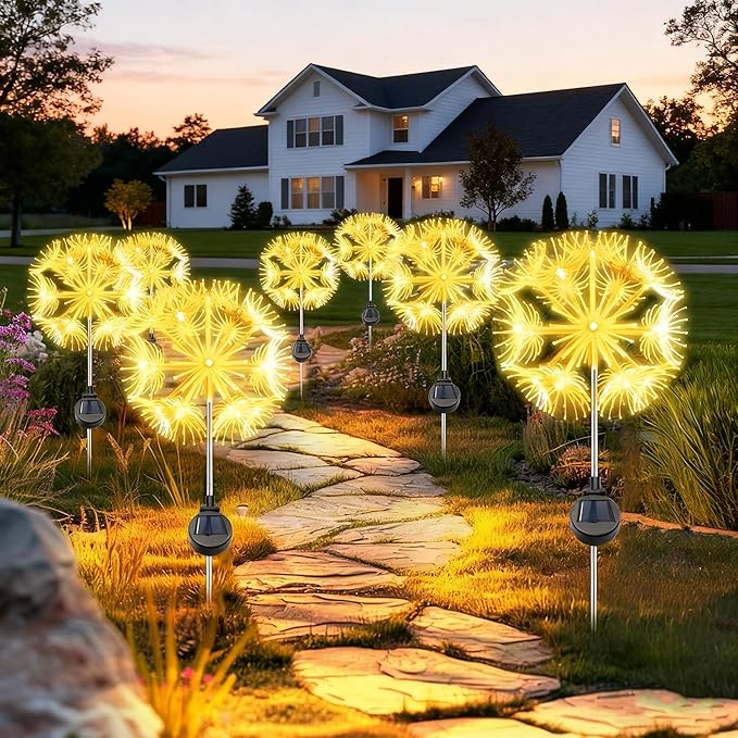 Solar Garden Lights Outdoor Waterproof Decorative, 2-Pack 19LED Warm White Fairy Light 8 Modes, Solar Firework Lights for Yard, Patio, Pathway, Garden Decor
