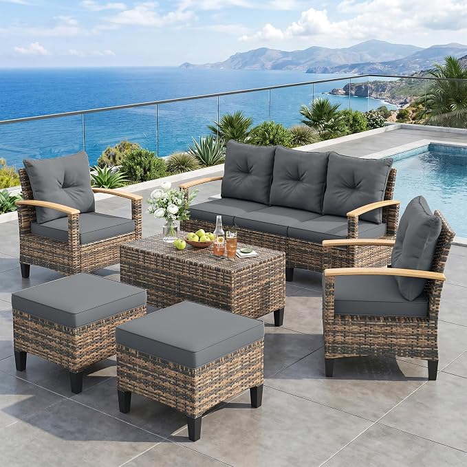 UDPATIO Patio Furniture Set, 6 Pieces Outdoor Wicker Conversation Set with 2 Ottomans & Storage Table for Lawn, Porch, Garden, Backyard, Grey