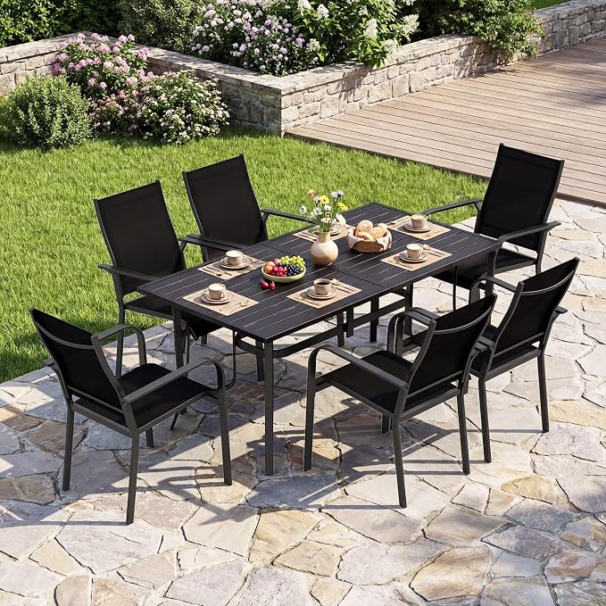 Tangkula 7 Pieces Patio Dining Set for 6, 63” x 33” Outdoor Rectangle Metal Table with Umbrella Hole & 6 Stackable Breathable Mesh Armchairs, Outside Furniture Set for Backyard, Garden & Porch (Black)