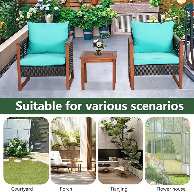 PayLessHere 3 Pieces Patio Set Wicker Patio Furniture Acacia Wood Outdoor Patio Furniture Set Rattan Chair Conversation Sets Bistro Set with Coffee Table and Water Resistant Cushions(Blue)