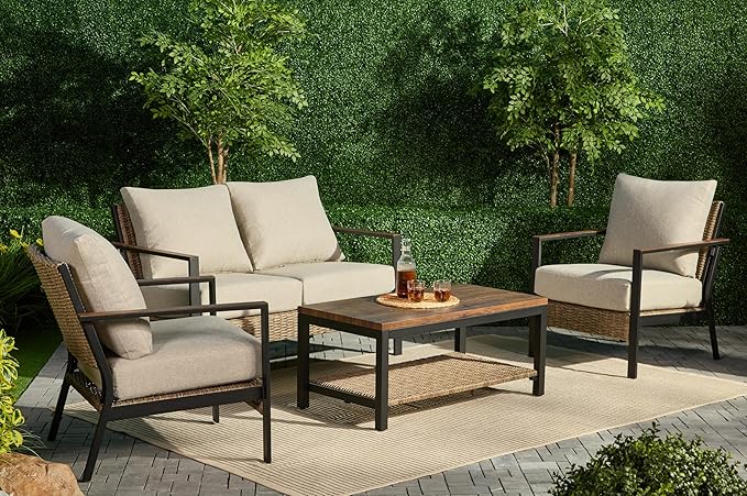 4-Piece Patio Conversation Set, Steel Outdoor Furniture Set with Coffee Table and Beige Cushions, Toolless Easy Assembly, Modern Sectional Sofa for Backyard, Garden & Lawn