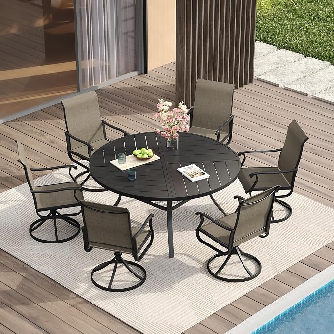 VICLLAX Round Patio Table with Adjustable Umbrella Hole for 6, All Weather 47.2" Metal Outdoor Dining Table for Lawn Garden, Black