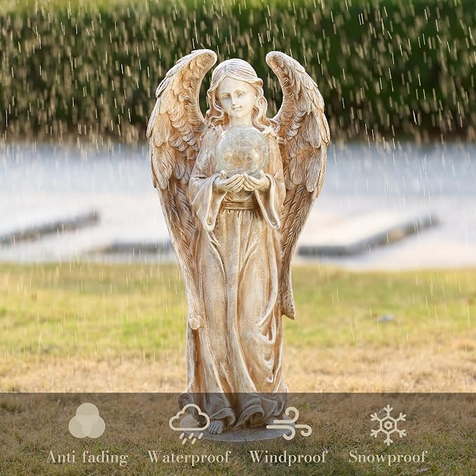 TERESA'S COLLECTIONS Angel Garden Statues with Solar Outdoor Light for Outdoor Decor, Fairy Figurine Resin with Wing & Glass Ball for Garden Decor, Yard Decor Lawn Ornament Gifts for Mom, 7.1"