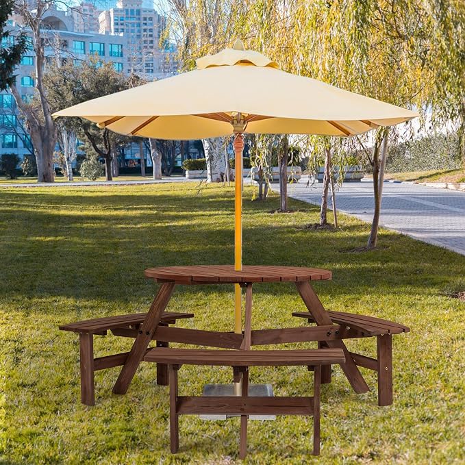 6 Person Outdoor Picnic Table, Wooden Picnic Tables with 3 Built-in Benches Table and Chairs Set with Umbrella Hole Outside Table and Bench Round Picnic Table Patio Tables for Garden, Backyard, Porch
