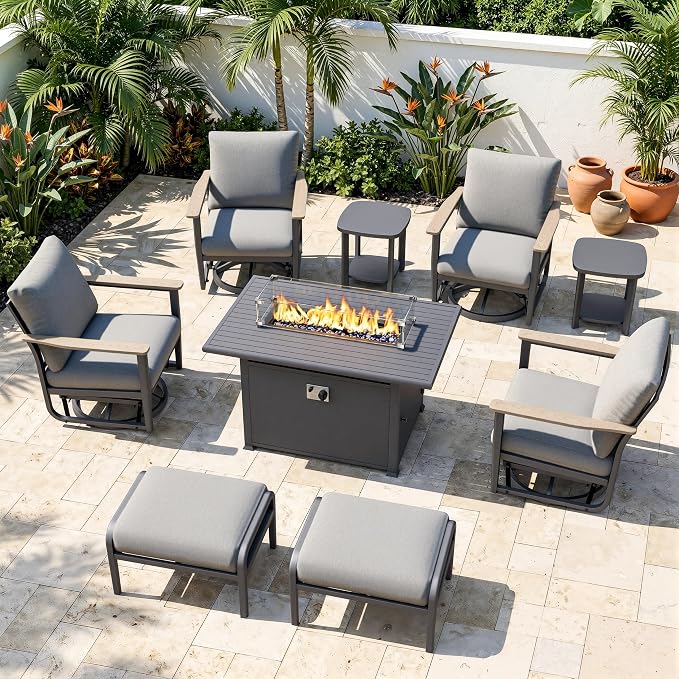 Aluminum Patio Swivel Rocking Chair Outdoor Bistro Set, 9pcs Patio Conversation Set Outdoor Patio Furniture Set with High Backrest & Thickened Cushions for Garden, Deck and Balcony, Grey