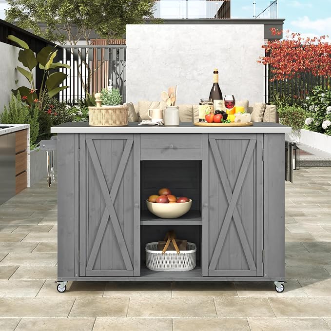 Outdoor Kitchen Island Fir Wood Kitchen Island with Stainless Steel Top,Ample Storage Space, Towel and Spice Racks and a Bottle Opener for Outdoor (Grey@53)