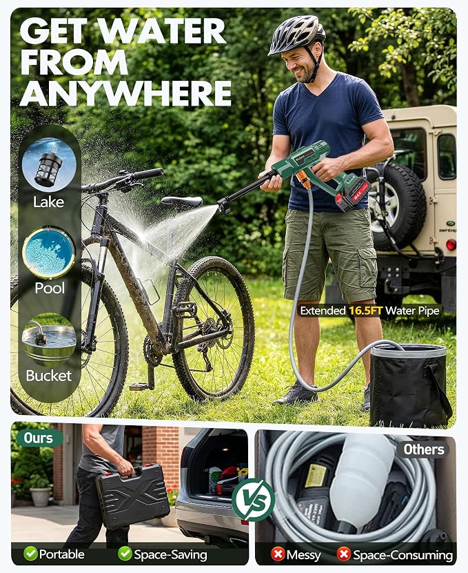 BluSwim Cordless Car Cleaning Tool with LCD Display, Portable Vehicle Cleaner with Brushless Motor, 3 Levels Adjustable Battery Powered Water Sprayer with 16.5FT Hose, 6-in-1 Nozzle for Patio - Green
