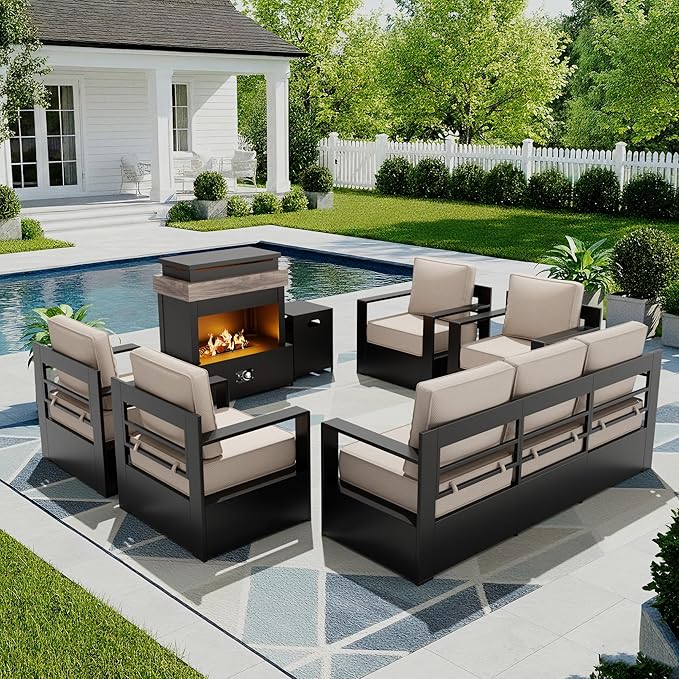Outdoor Patio Furniture Set, 6-Piece Aluminum Patio Conversation Set All-Weather Metal Outdoor Sectional with 6 Inch Thick Cushions, Deep Setting and Fireplace for Garden, Outside and Porch, Beige