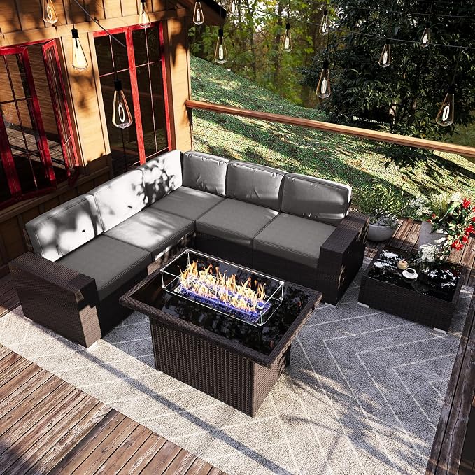 7 Pieces Patio Furniture Set with 44" Propane Gas Fire Pit Table, Outdoor Sectional Wicker Conversation Sofa Sets with Coffee Table