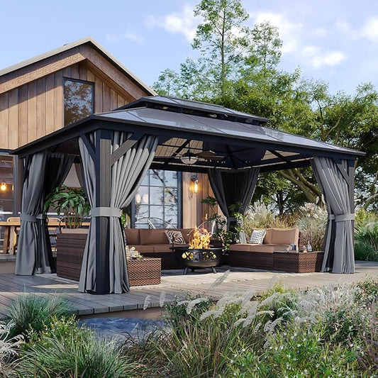 12’x16’ Hardtop Gazebo with Double Polycarbonate Roof, Sturdy Aluminum Frame & Removable Curtains/Netting,Outdoor Metal Shelter Pergola for Garden, Patio, Lawn (Grey)