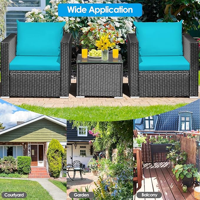 3 Pieces Patio Conversation Set Outdoor Rattan Wicker Furniture Set with Water-Resistant Cushion & Tempered Glass Tabletop, Wicker Chair for Porch, Balcony, Backyard(Turquoise)