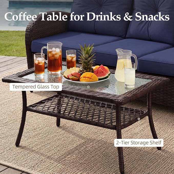 UPHA 6 Pieces Patio Furniture Sets, Wicker Outdoor Sofa Set with Loveseat & 3-Seat Couch, Swivel Chairs, Patio Conversation Set for Deck Backyard Garden, Brown Rattan, Navy Blue Cushion