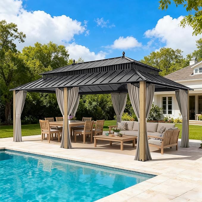 SUNJOY Kingston 20' x 12' Hardtop Wood Gazebo with Galvanized Steel Double Roof, Curtain and Netting, Cedar Posts Permanent Pavilion Gazebo for Garden, Patio, Deck, Lawn