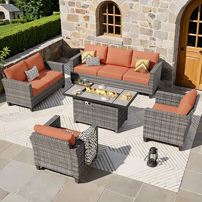 ovios 5 Pieces Patio Furniture Set, Outdoor Wicker Rattan Sofa Couch with 42" Fire Pit Table, Loveseat Chairs, Conversation Sets for Yard Porch Garden, Orange Red