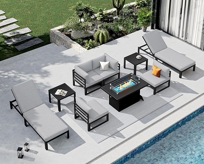 NICESOUL 9 Piece Large Contemporary Aluminum Outdoor Furniture Set with Chaise Lounge & Fire Pit Table, 29" Deep Couch Set, 500 lbs High Weight Capacity Patio Sectional Sofa for Poolside, Light Gray