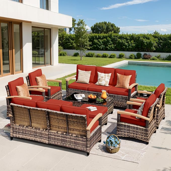 MEISSALIVVE 10 Pieces Outdoor Patio Furniture Sets, Wicker Patio Conversation Sets with 2 Wood Armrests Swivel Glide Chairs,2 Single Chairs, Outdoor Couch and Coffee Table(Red)