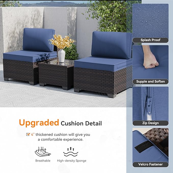 Patio Furniture Set 10 Pieces Wide PE Rattan Sofa Set Outdoor Sectional Furniture,Patio Swivel Chair Sofa Set Patio Conversation Set w/Cushions and Glass Coffee Table,NavyBlue