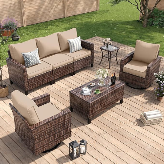 Amopatio Patio Furniture Set, 5-Piece Wicker Outdoor Sectional Sofa with Swivel Rocker Chairs, Rattan Conversation Set with Storage Coffee Table and Waterproof Cover for Backyard Brown/Khak