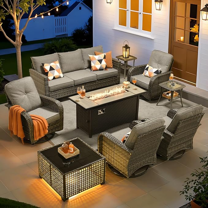 ovios 9 Pieces Patio Furniture Set, Outdoor Wicker Sofa Couch with Rocking Swivel Chairs Fire Pit Table, Modern Deep Seat Rattan Conversation Sets for Deck Porch, Dark Grey