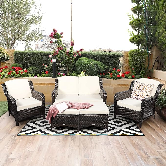 COSTWAY 5PCS Patio Wicker Rattan Furniture Set, Loveseat Sofa with Ottomans and Cushioned Chairs, Conversation Sets for Outdoor Garden Backyard
