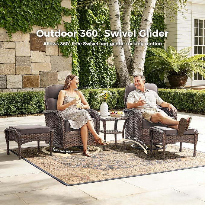 Luxury Patio Furniture Set with Swivel Chairs & 6-Inch Thick Cushions, Outdoor High Back Swivel Rocker Patio Chairs, 5PCS Wicker Outdoor Furniture Set for Porch, Yard, Deck, Poolside, Brown/Grey