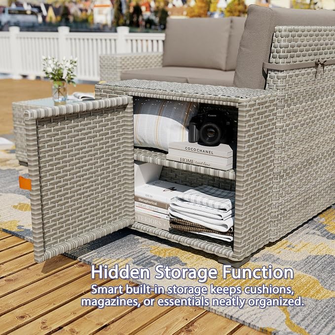 13 Piece Patio Furniture Set with 50,000 BTU Rattan Fire Pit Table that Converts to Coffee Table, 9.8" Wide Arm Sectional Sofa with Storage Armrests, Outdoor Rattan Conversation Set, Khaki