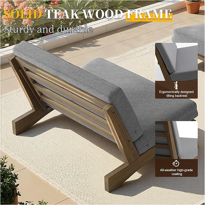 Outdoor Furniture Patio Couch, Weather Resistant Patio Loveseat Sofa Couch with Removable Cushion, Teak Wood Frame for Porch & Backyard Seating - Grey