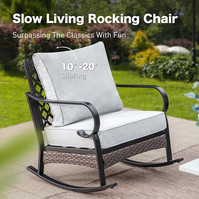 5 Piece Black Metal Outdoor Patio Furniture Sets with Firepit Table, Patio Conversation Sets 1 3-Seater Sofa, 1 Loveseat, 2 Rocking Sofa with 5.75" Cushion for Backyard, Light Gray