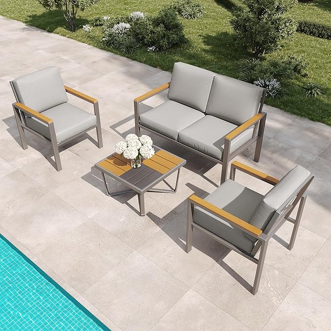 4-Piece Outdoor Patio Furniture Set, Metal Conversation Sofa Set with Deep Cushions & Wood-Like Armrests, Modern Patio Seating with Coffee Table for Garden, Porch, Balcony, Backyard (Grey)