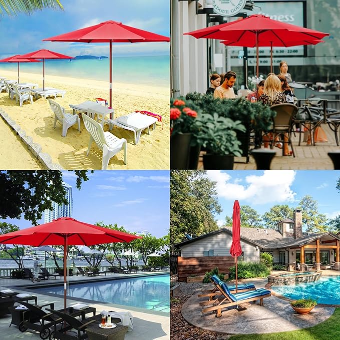 9 Ft Wooden Patio Umbrella 8 Ribs Table Parasol Rope Pulley Outdoor Garden Yard