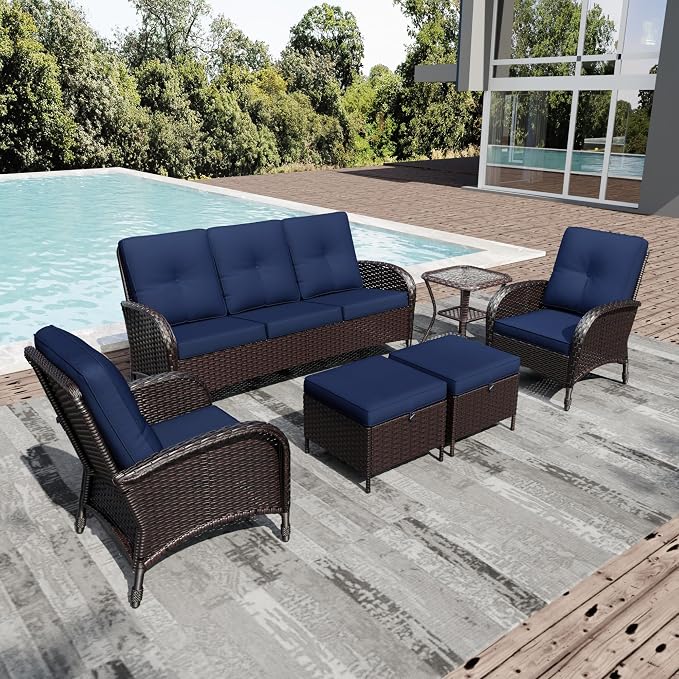 Joyside Wicker Patio Furniture Set, 6 Piece Outdoor Furniture Set with Thickened Cushions, High Back, Deep Seating, Wide Armrest, Rattan Outdoor Chairs for Porch, Deck