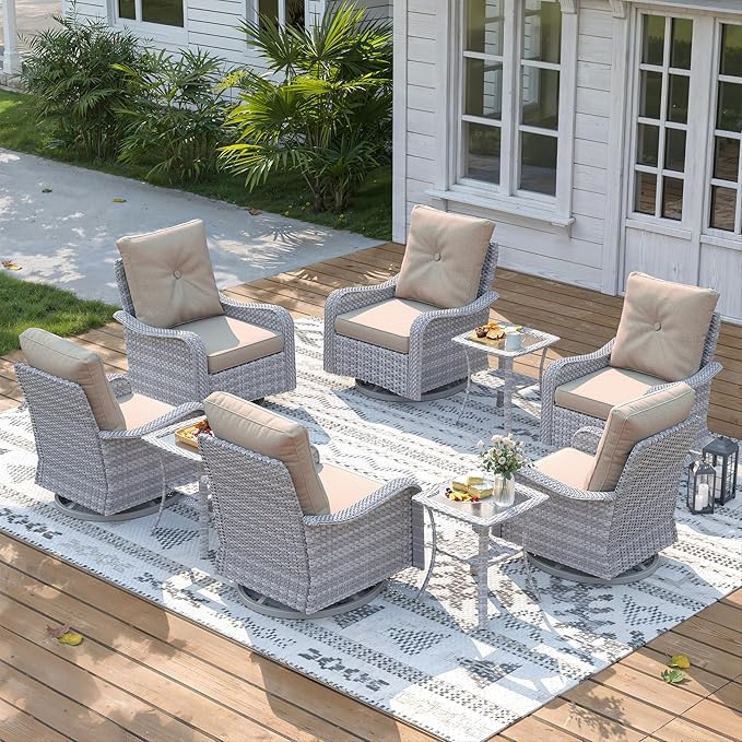 9 Piece Wicker Patio Furniture Set, Swivel Rocking Chairs with 4''Cushions, PE Rattan, Rust Resistant Frame, Double Layer Glass Side Table, for Backyard, Deck or Balcony, Beige