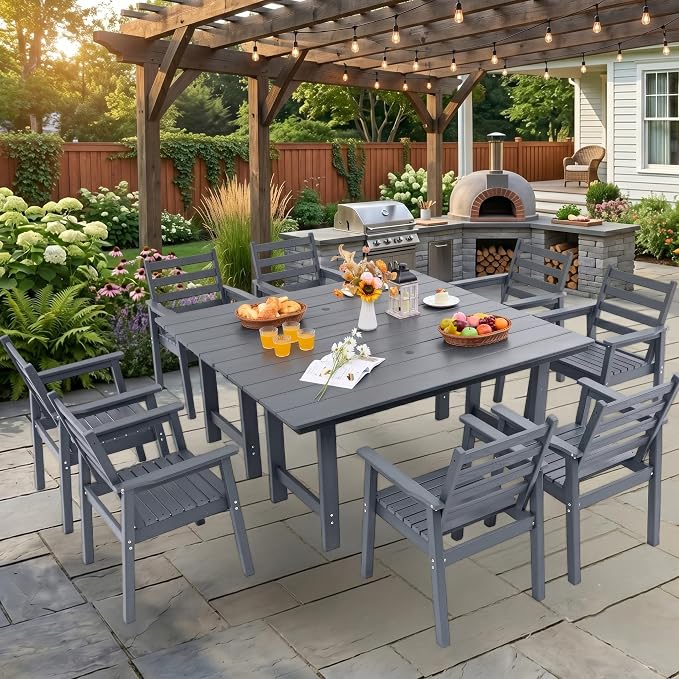 10-Piece Outdoor Dining Set, All-Weather HDPE Patio Furniture, Two 66.5" Slatted Table with 1.6" Umbrella Hole & 8 Ergonomic Armchairs, Heavy Duty 350lbs Capacity, UV Resistant, Gray