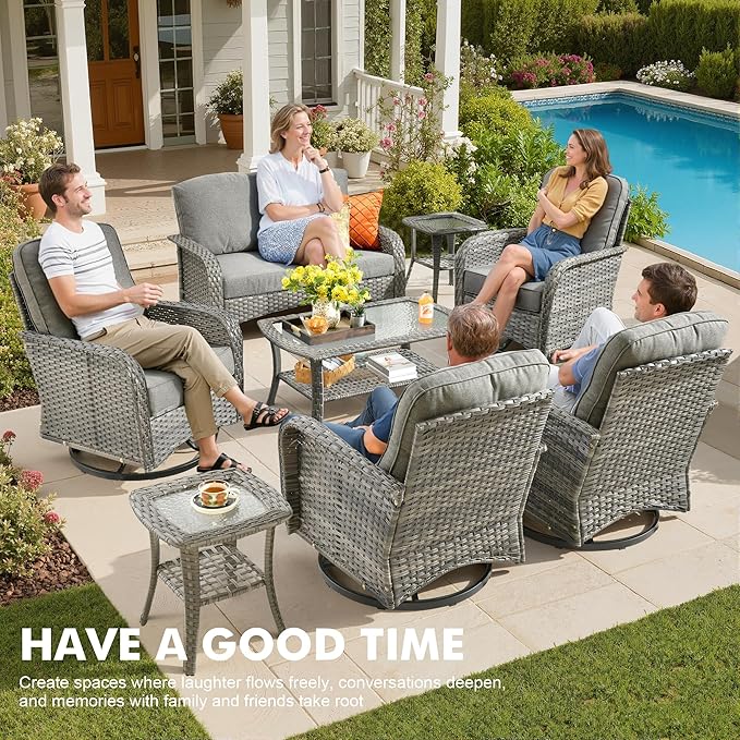 Weaxty 8 Pieces Outdoor Patio Furniture Sets with Swivel Rocking Patio Chairs and Loveseat Sofa,Coffee Table,All Weather Wicker Conversation Set for Deck Backyard Porch Poolside, Dark Gray