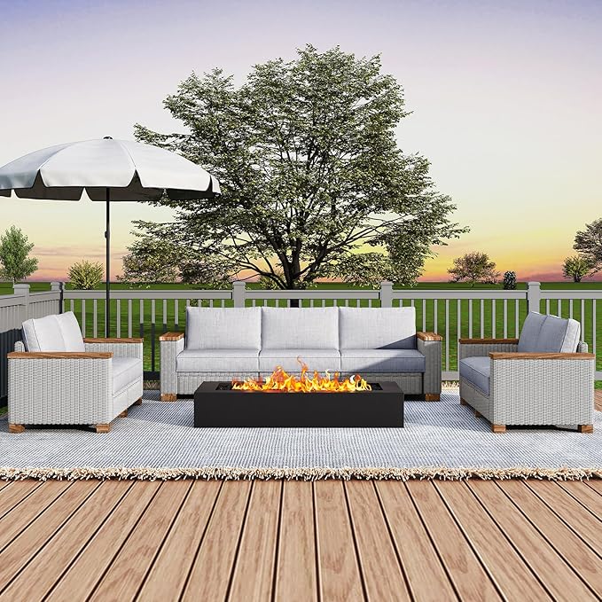 7-Piece Outdoor Patio Sofa Set, PE Wicker Furniture with 5.9" Solid Wood Armrest, Deep Seating Sectional Conversation Set with Cushions for Backyard, Deck, Porch, Poolside, Garden