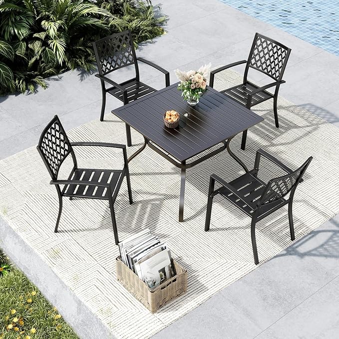 MFSTUDIO Outdoor Table and Chairs for 4, Wrought Iron Outdoor Dining Set with Umbrella Hole, 5 Piece Patio Furniture Set for Deck/Backyard/Poolside/Garden