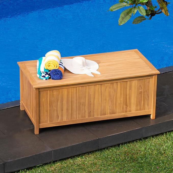 Cambridge Casual Arie 60-Inch Teak Outdoor Deck Box Storage Chest, Weather-Resistant Patio Organizer with Soft-Close Lid for Pool, Garden & Backyard, 119 Gallons