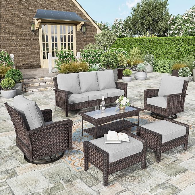 HERA'S HOUSE Patio Furniture Set with High Back Swivel Chair, 6-Piece Outdoor Wicker Sectional Conversation Set with Ottomans, 3-Seat Couch with Rattan Table for Garden Backyard, Gray