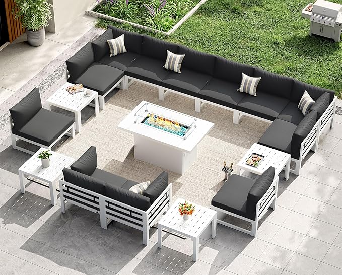 NICESOUL 17 Piece XL Aluminum Patio Sectional Furniture Set with Fire Pit Table Propane/Gas, 500 lbs Heavy Duty Outdoor Sofa, High End Conversation Set with Side Table for Poolside Yard, Dark Gray